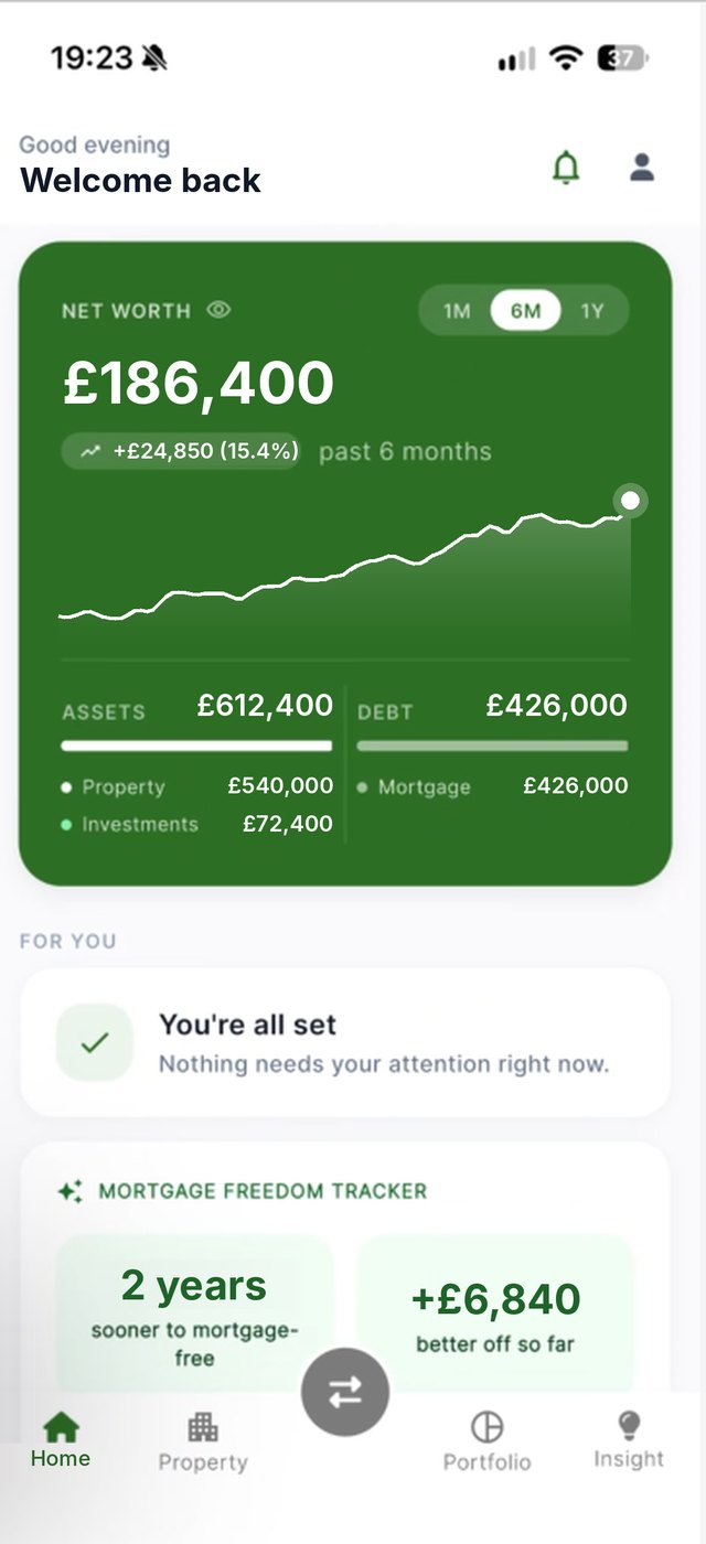 nume app home screen showing net worth, property and mortgage, and the Mortgage Freedom Tracker, using example data